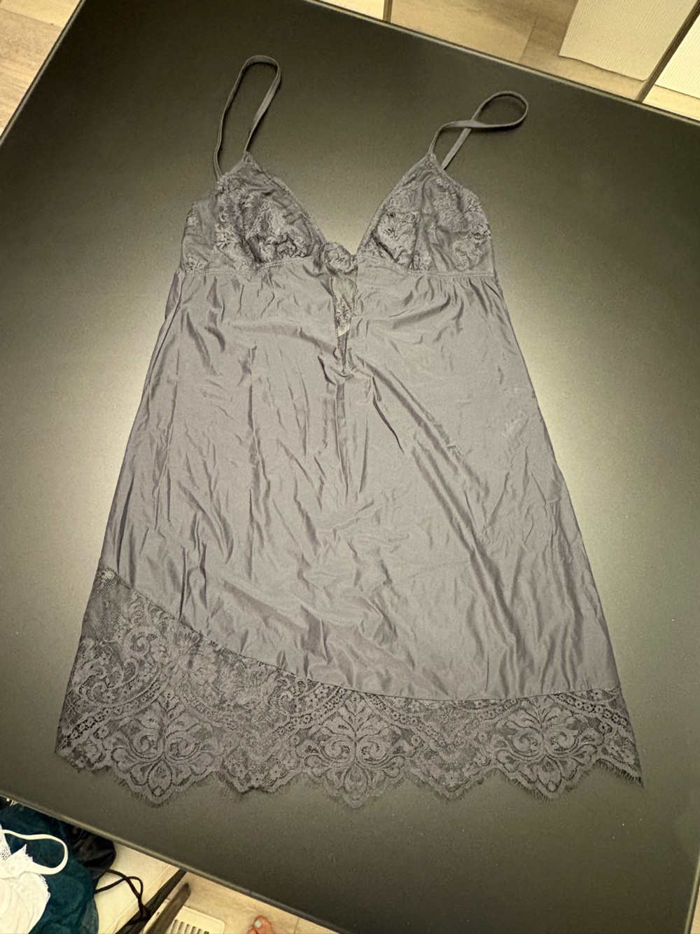 Black Asymmetrical Lace Trim Slip Dress